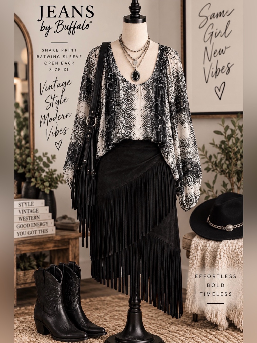 I jeans by Buffalo -Black & White Snake-Print -Batwing Sheer Long SleeveTop